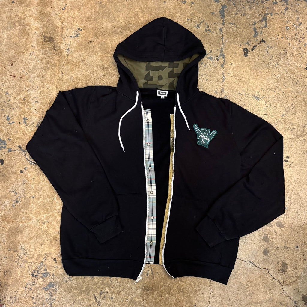 BLACK ZIP HOODIE W/ INSIDE STORM FLAP AND MUCHO LINED HOOD