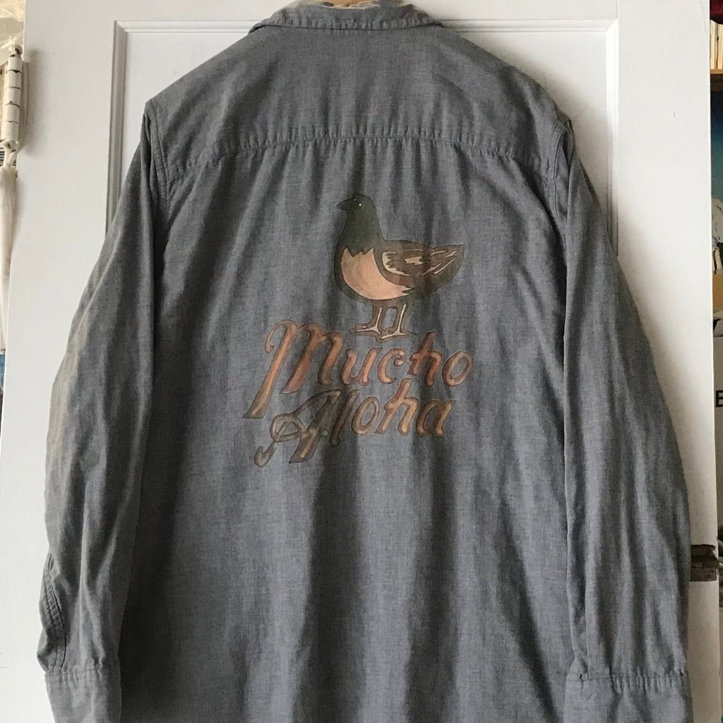 LINED GREY BRUSH FLANNEL W/ MUCHO ALOHA HAWAII PIDGIN