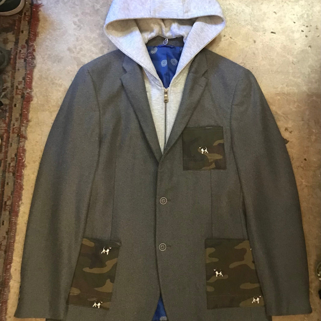 GREY SUIT JACKET W/ BUILT IN HOODIE AND CAMO TWILL POCKETS